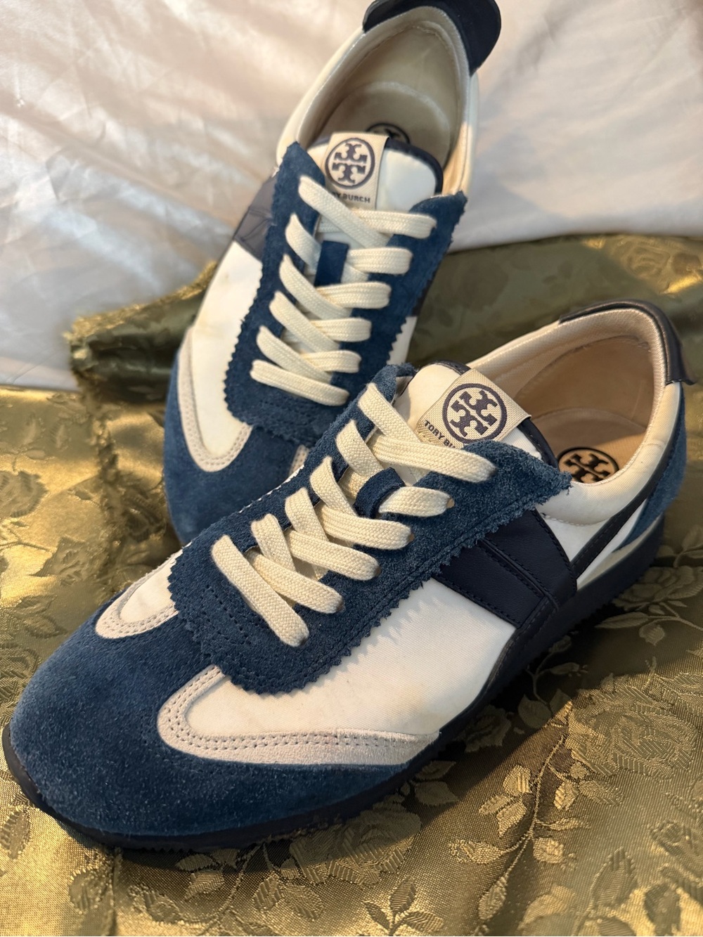 Tory Burch Blue and White Suede & Leather Sneakers